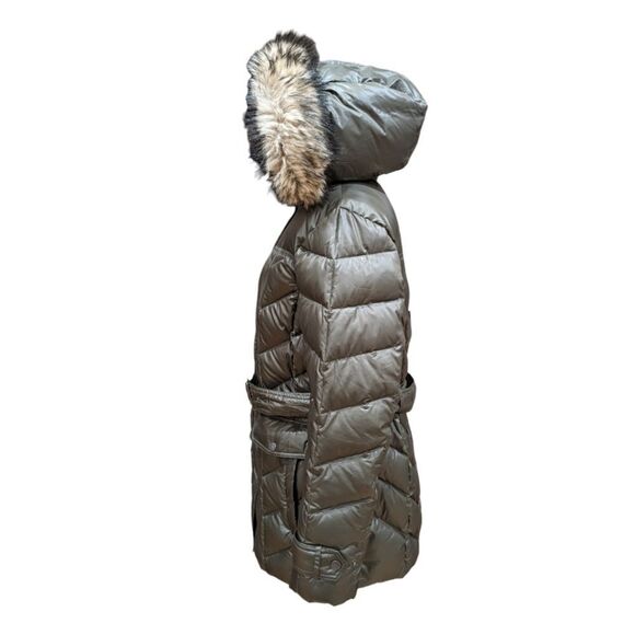 Land's End Knee Length Parka Quilted Puffer Faux Fur Hood Belted L 14-16 Olive - Picture 5 of 11